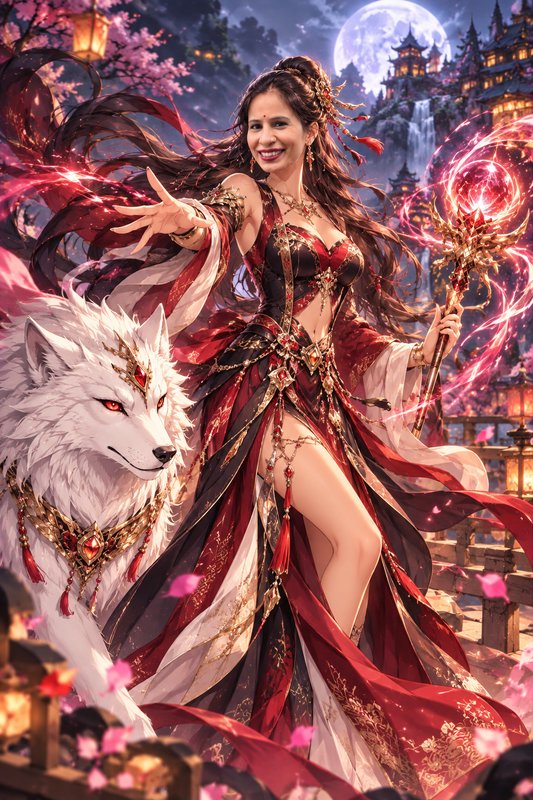 Fantasy sorceress with a glowing magic staff stands beside an ornate white wolf under a full moon