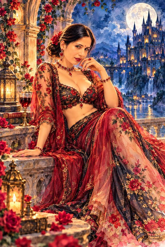 Elegant South Asian woman in a floral red saree sits on a moonlit castle terrace under a glowing full moon