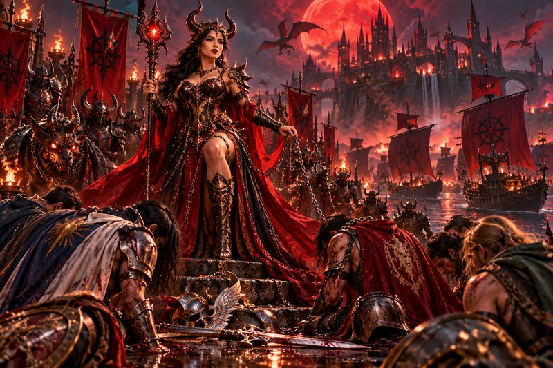 Horned dark fantasy queen holds a glowing staff as defeated warriors kneel before her under a blo...