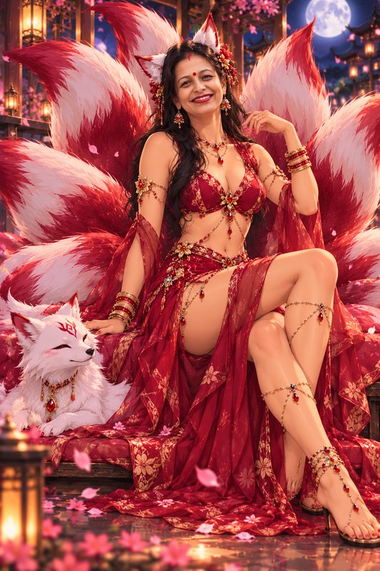 Smiling nine-tailed kitsune goddess sits with her fluffy fox companion in a moonlit cherry blossom courtyard