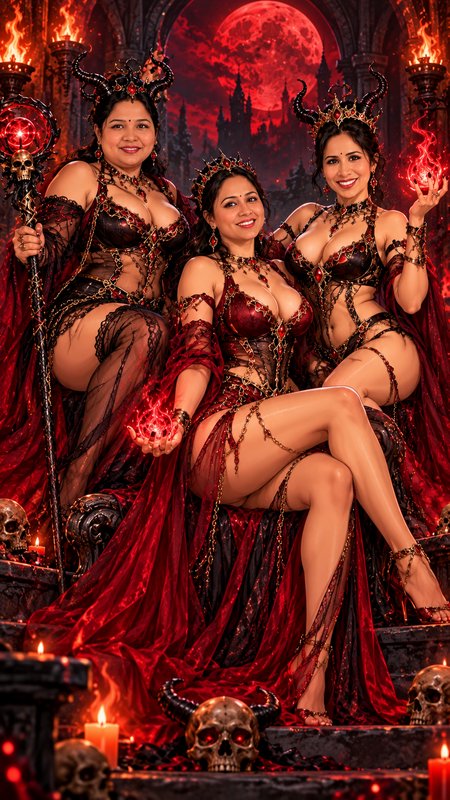 Three horned demon queen sorceresses pose on gothic throne steps beneath a glowing red blood moon