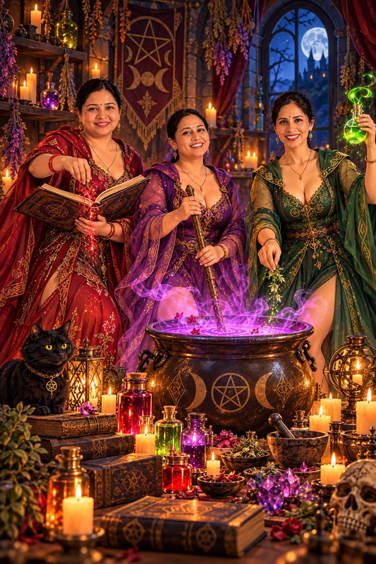 Three smiling witches brewing magic around a glowing cauldron in a cozy candlelit spell chamber