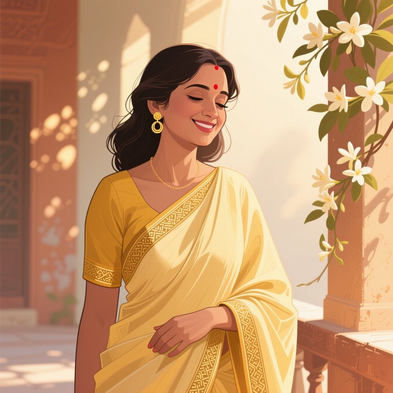 Smiling Indian woman in a golden saree stands in a sunlit heritage courtyard beside jasmine vines