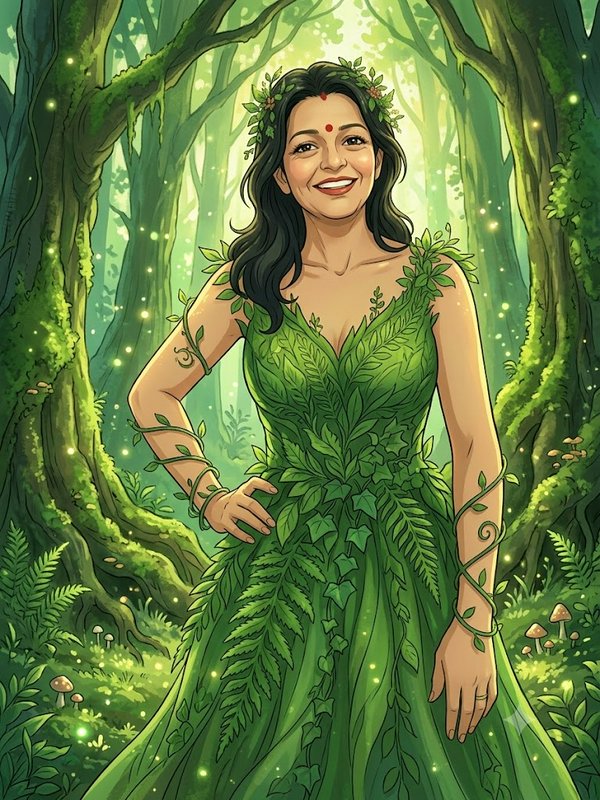 Smiling south Asian nature goddess in a leaf gown stands in a glowing enchanted ancient forest