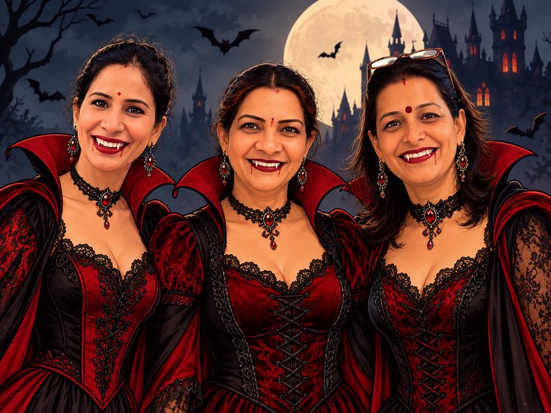 Three women in matching vampire costumes smile against a spooky full moon gothic castle Halloween...