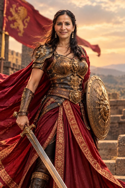 Regal South Asian warrior queen holding a sword and shield stands on a castle battlement at golden sunset