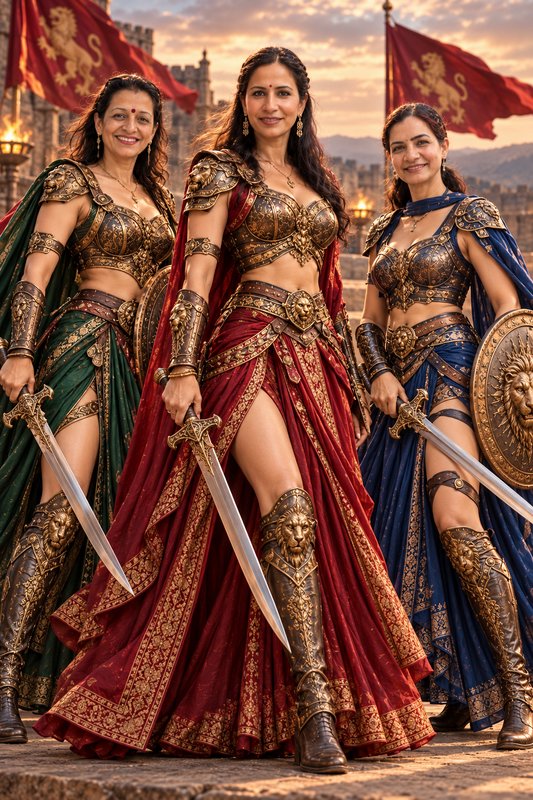 Three regal female warriors in ornate gilded armor stand on a castle battlement holding swords at sunset