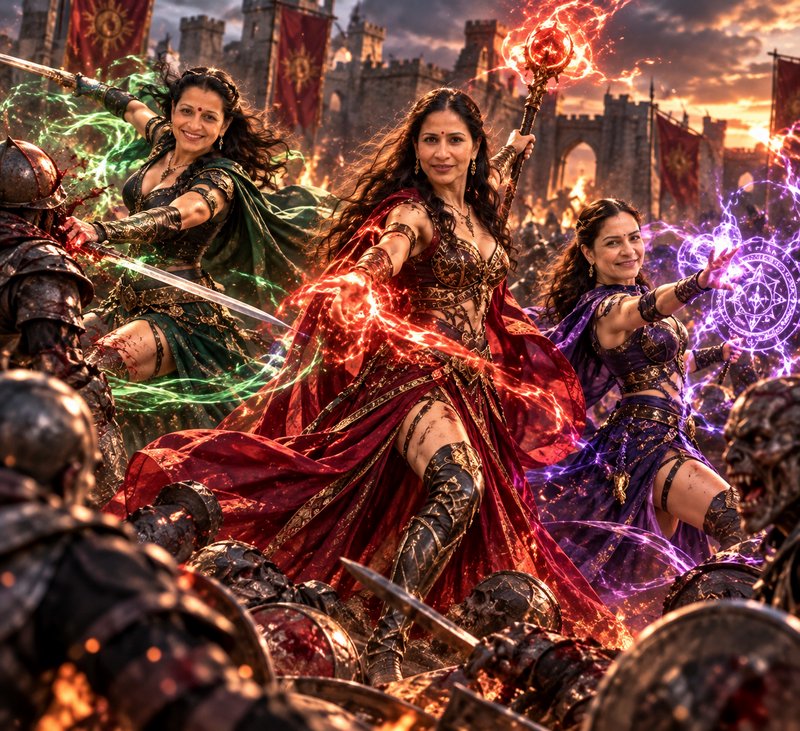 Three fierce warrior sorceresses wield magic and fight enemy troops before a besieged medieval ca...