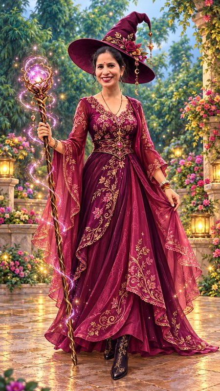 Smiling South Asian witch in an embroidered magenta gown holds a glowing magic staff in a lush enchanted garden