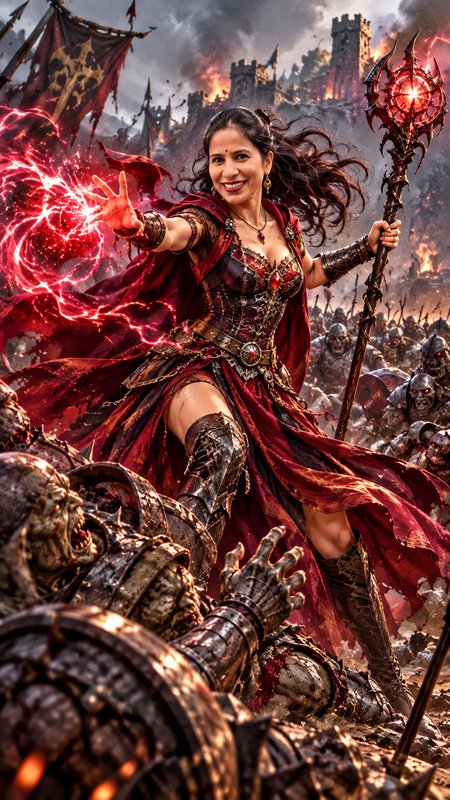 Powerful female battle sorceress casting red magic while leading an undead army on a burning battlefield