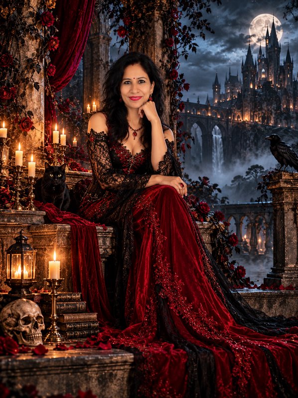 Elegant woman in an ornate red and black gothic gown sits on a stone terrace overlooking a moonlit fantasy castle
