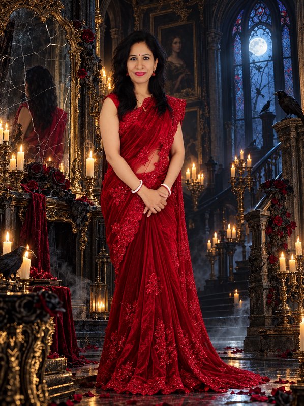 Smiling woman in an embroidered red saree stands in a candlelit gothic castle ballroom under a fu...