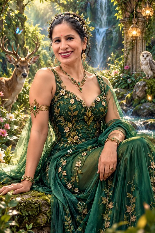 Smiling nature goddess in an embroidered green gown sits in an enchanted glen with forest wildlife