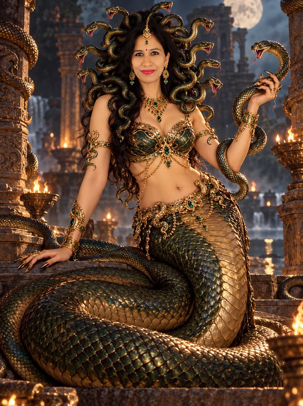 Smiling Medusa-like naga goddess with serpent hair coiled in a moonlit ancient stone temple
