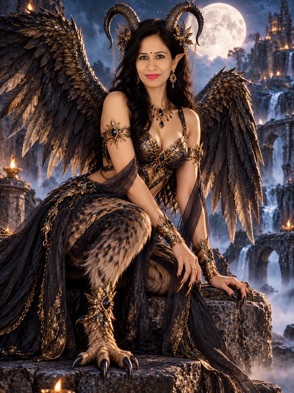 Horned winged fantasy faun empress perched on a stone ledge under a glowing full moon castle landscape