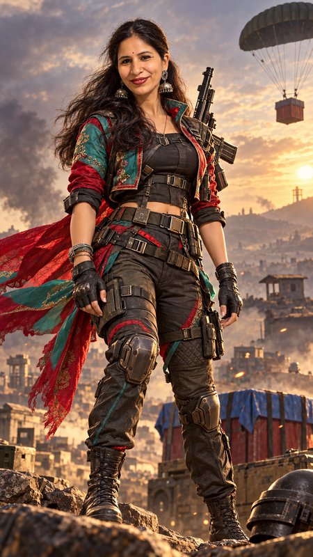 Confident South Asian female combat operator stands on rocky warzone terrain at golden sunset