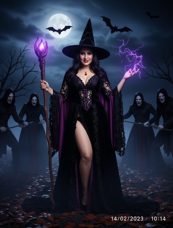 Powerful dark witch casting purple magic holds a glowing staff, surrounded by undead under a full moon Halloween night