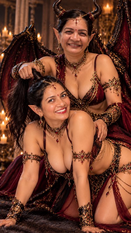 Two smiling South Asian women in horned fantasy demon elf cosplay pose in a candlelit ornate chamber