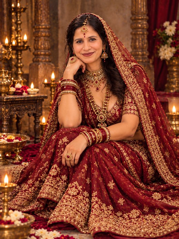 Smiling Indian bride in ornate red bridal lehenga seated amid warm traditional wedding decor
