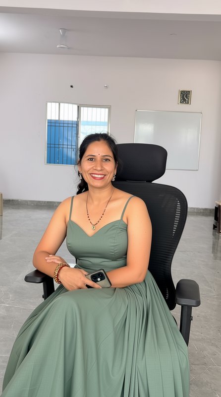 Smiling Indian woman in a sage green maxi dress sits in an ergonomic office chair holding a smart...