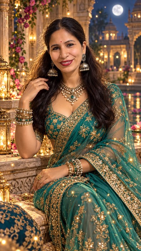 Smiling woman in an embroidered green saree and traditional jewelry sits in a glowing moonlit roy...