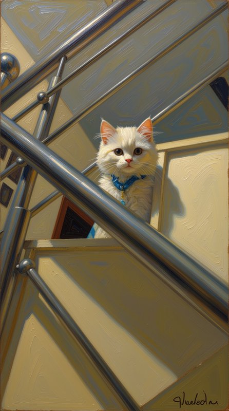 Fluffy white longhair cat with a blue collar peers down from a sunlit indoor spiral staircase