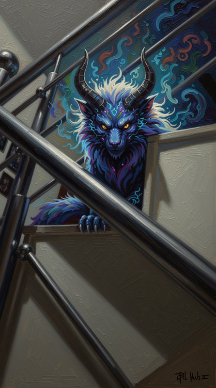 Horned glowing blue fantasy beast peers down from a modern indoor staircase