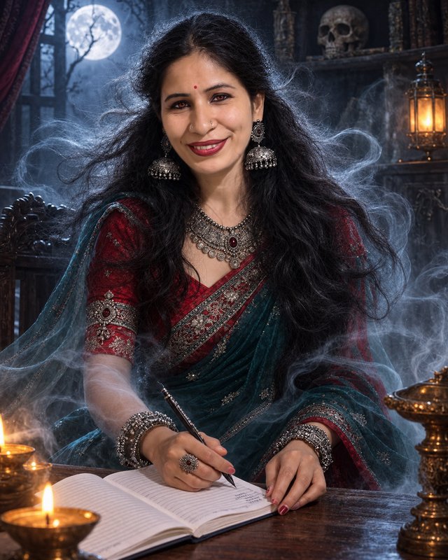Smiling South Asian mystic woman writes in an open spellbook at a candlelit moonlit table