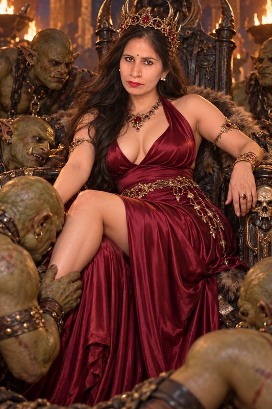 Regal queen in a crimson gown sits on an ornate throne surrounded by bowing green orc attendants