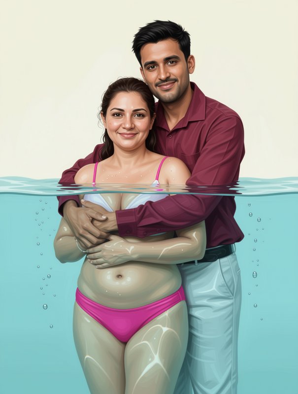 Smiling South Asian couple embracing while half-submerged in bright turquoise pool water