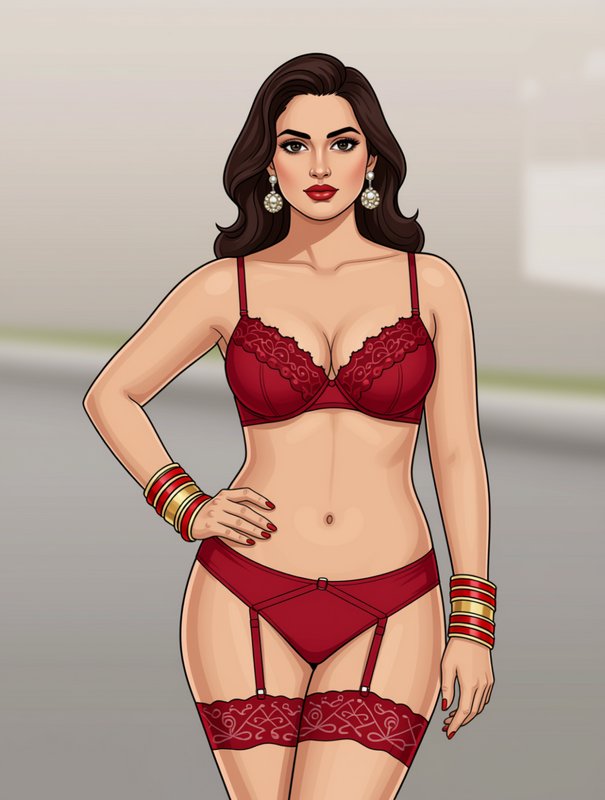 Curvy illustrated woman in deep red lace lingerie poses confidently with one hand on her hip