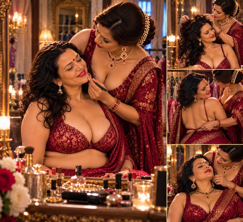 Multi-panel collage showing South Asian bridal preparation with two women styling makeup and hair...
