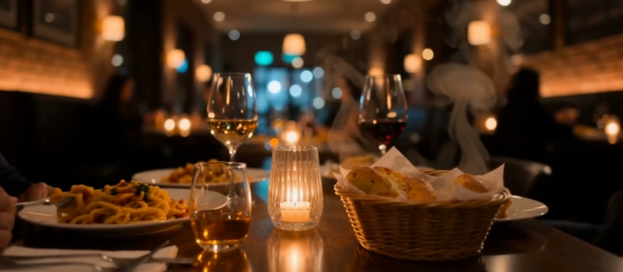 Cozy candlelit restaurant dinner table set with pasta, wine glasses, fresh bread basket, warm bok...