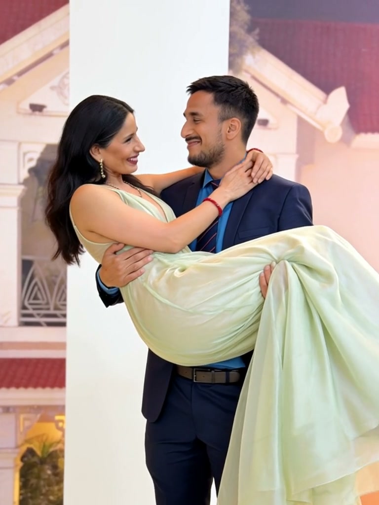 Man in dark formal suit carries smiling woman in pale green gown, as they share a warm loving gaz...
