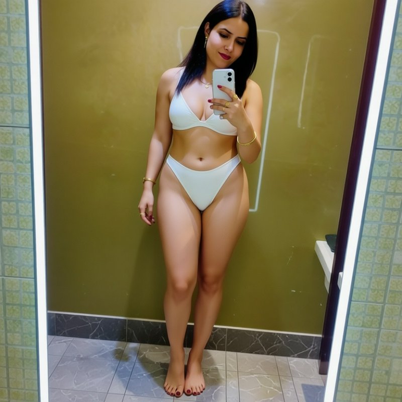 Woman in a white two-piece bikini takes a mirror selfie with a smartphone in an LED lit modern ba...