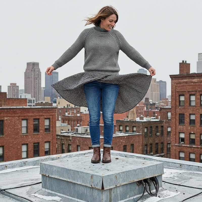 Joyful woman standing on a city rooftop holds out her wind-blown polka dot skirt against a downto...