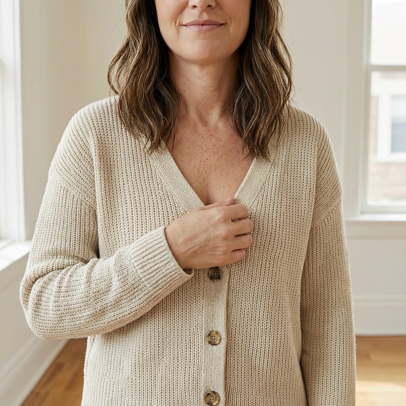 Cropped view of a woman wearing a soft beige waffle-knit button cardigan, resting one hand on the...