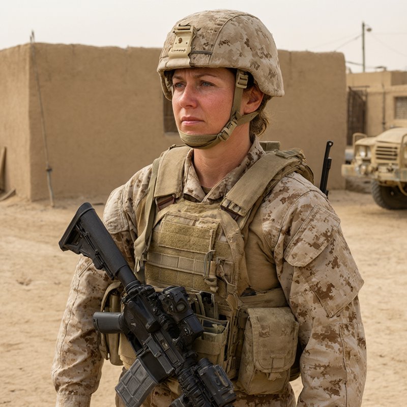 Female US Marine in desert combat gear holds an assault rifle at a sandy forward operating base.