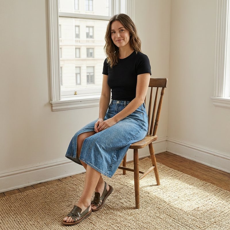 Woman in a casual everyday outfit sits on a wooden chair next to a sunlit apartment window