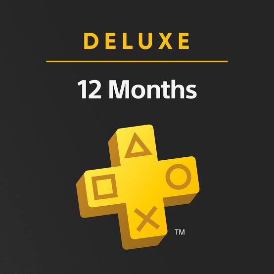 PlayStation Plus Deluxe 12 month subscription graphic featuring 3D gold PS Plus cross icon on a d...