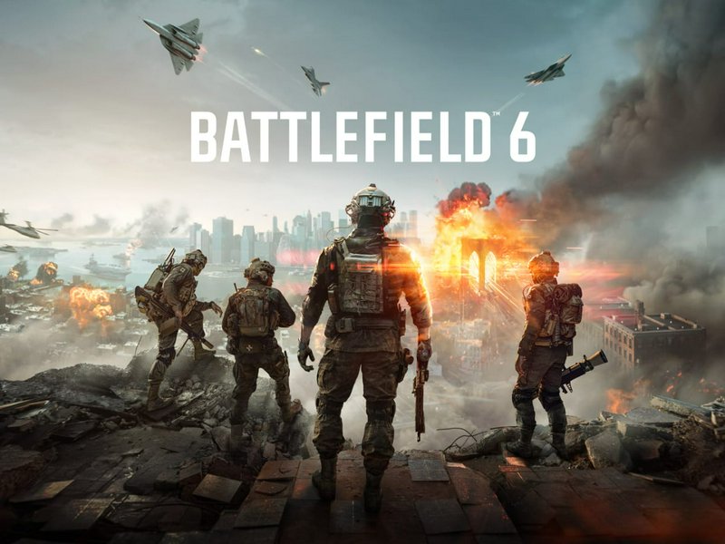 Battlefield 6 promotional key art of elite soldiers overlooking a burning war-torn coastal city