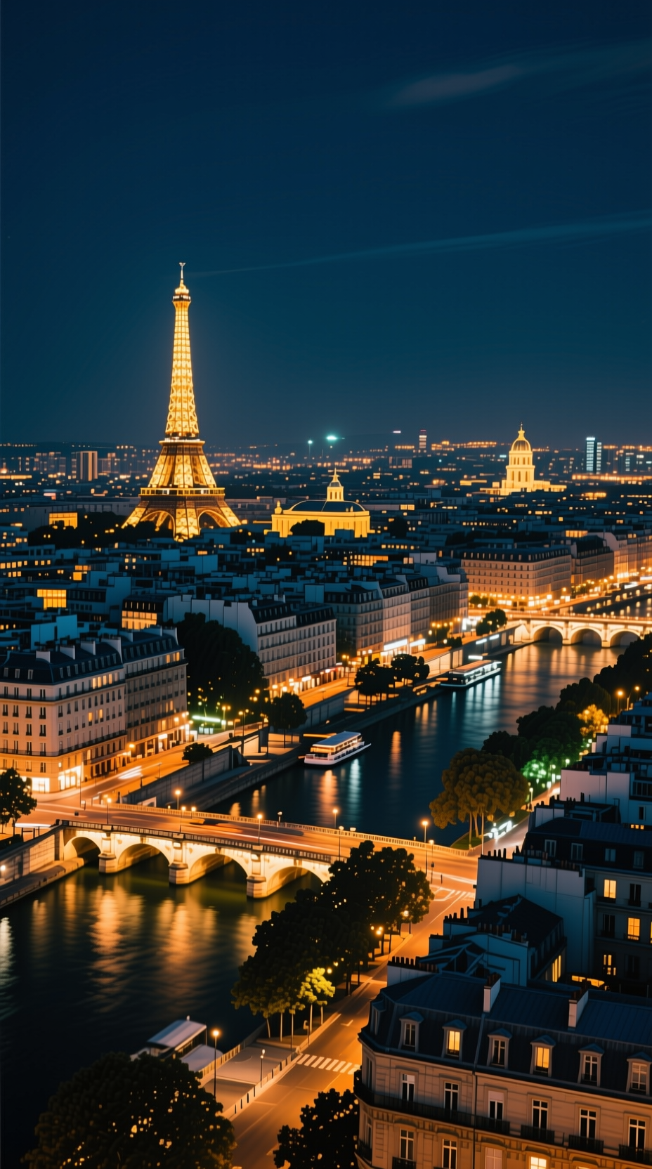 Aerial nighttime view of Paris featuring the illuminated Eiffel Tower and Seine river bridges