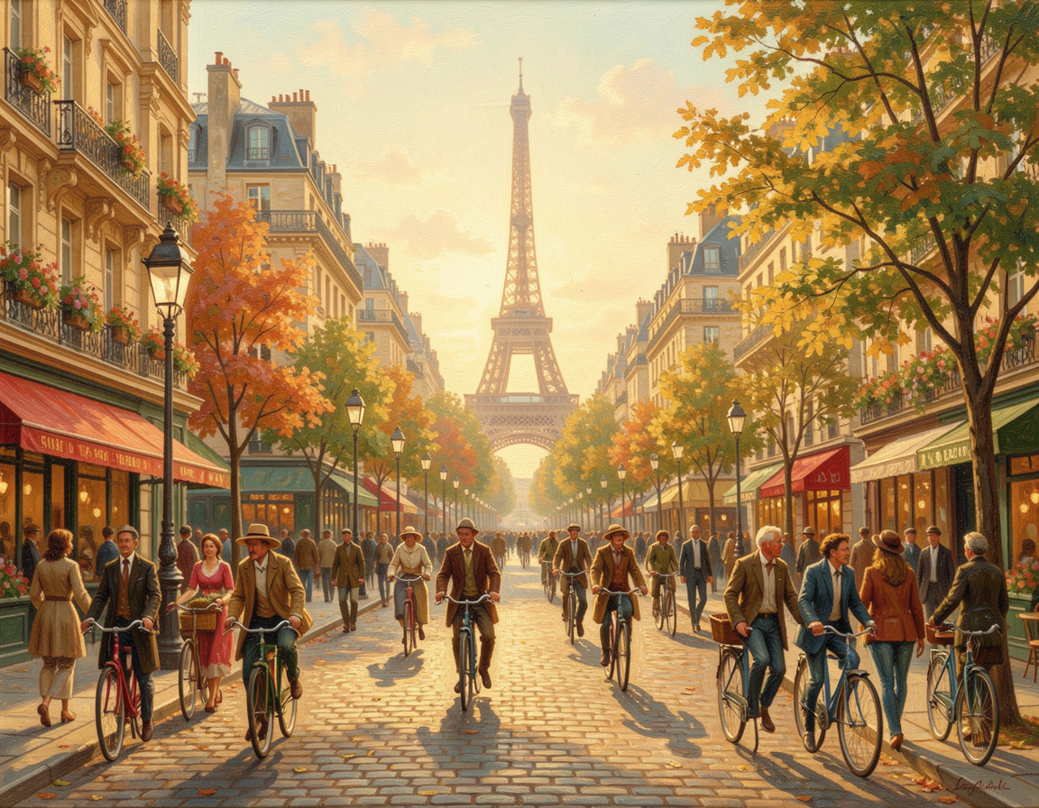 Warm vintage painting of a Paris street, Eiffel Tower in the distance as people ride bikes down a tree-lined cobblestone