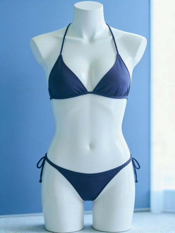 White female torso mannequin displaying a navy blue triangle string bikini against a soft light b...