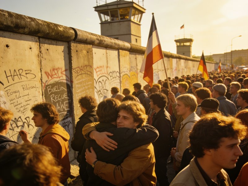 Crowd celebrates the fall of the Berlin Wall at golden sunset, two men embracing beside the graff...