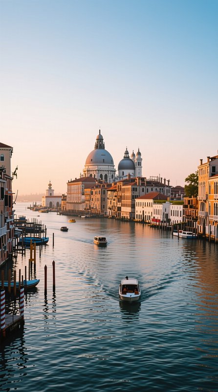 Sunrise view of Venice Grand Canal, with boats gliding toward the domed Basilica di Santa Maria d...