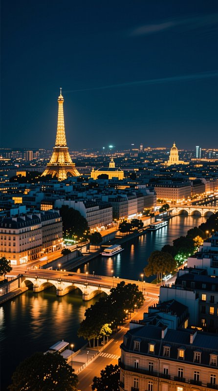 Aerial nighttime view of Paris featuring the illuminated Eiffel Tower and Seine river bridges