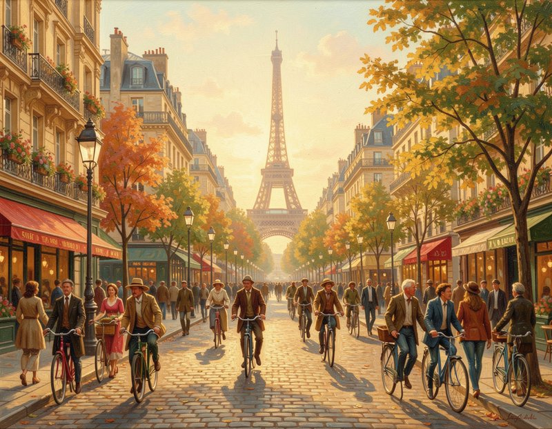 Warm vintage painting of a Paris street, Eiffel Tower in the distance as people ride bikes down a...