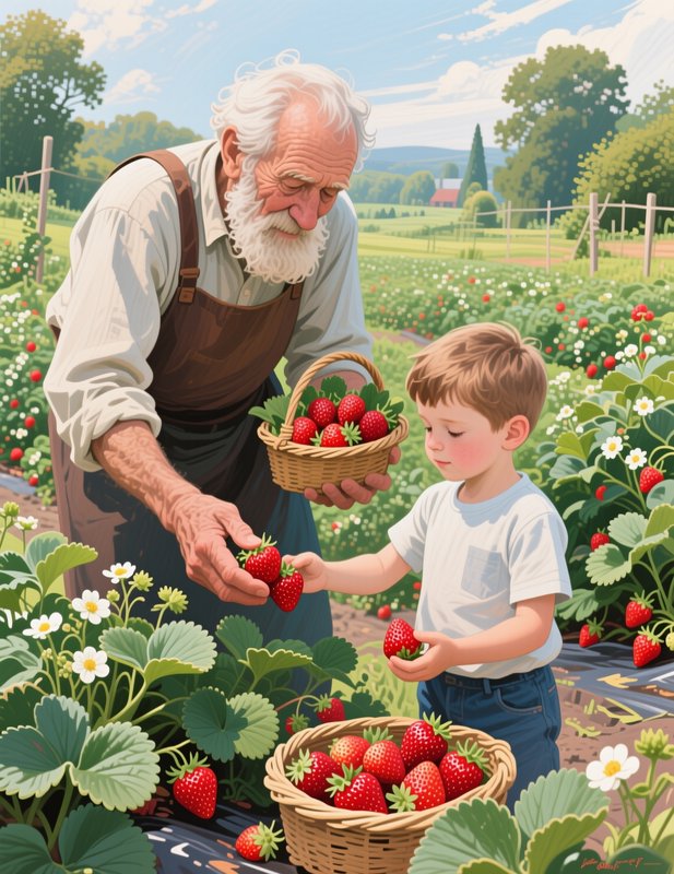 Elderly grandfather and young boy pick fresh ripe strawberries together in a sunny garden patch