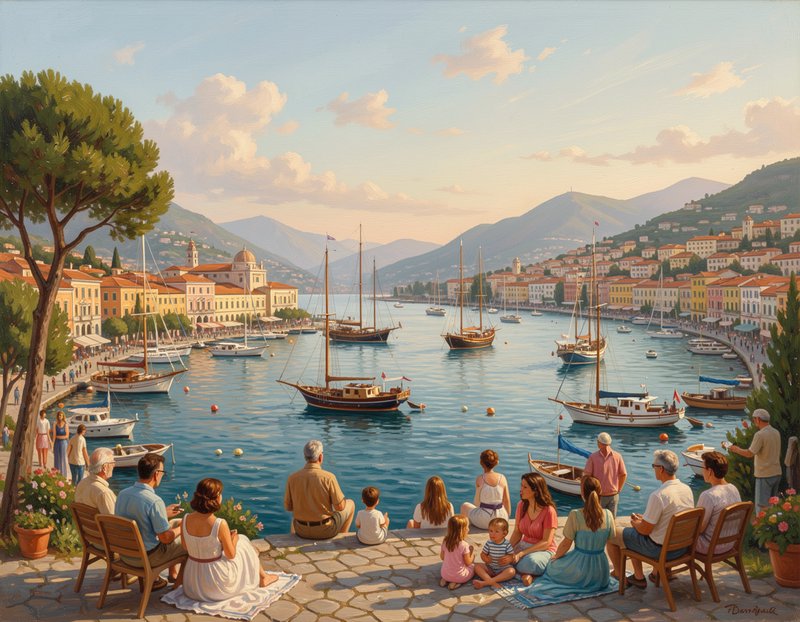 Group of people seated on a stone waterfront terrace overlooking a sunlit Mediterranean harbour full of sailboats